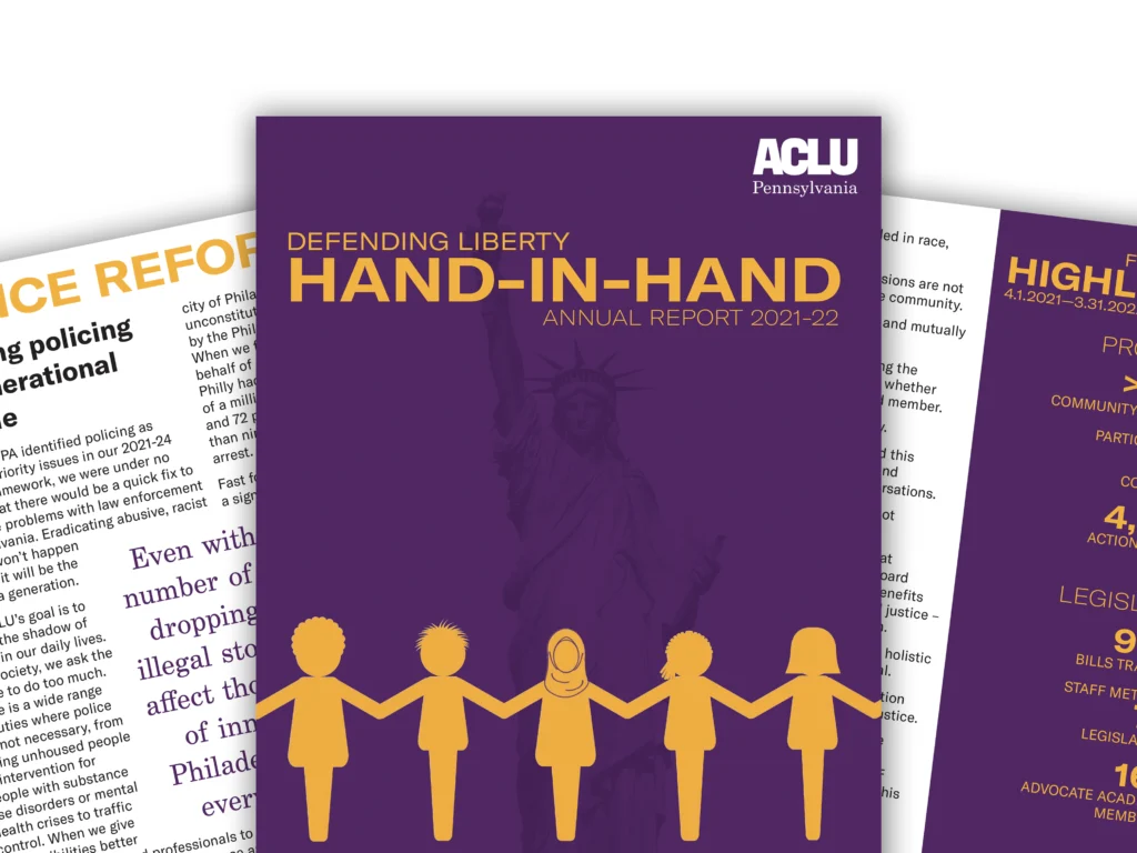 Cover of an ACLU-PA annual report. The Cover is purple with gold text reading "Defending Liberty Hand in Hand." Diverse gold paper cutout style people line the bottom of the cover.