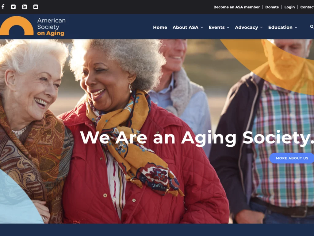 Screengrab of a website for the American Society on Aging featuring an image of older adults walking and laughing together with text that reads "We are an aging society."